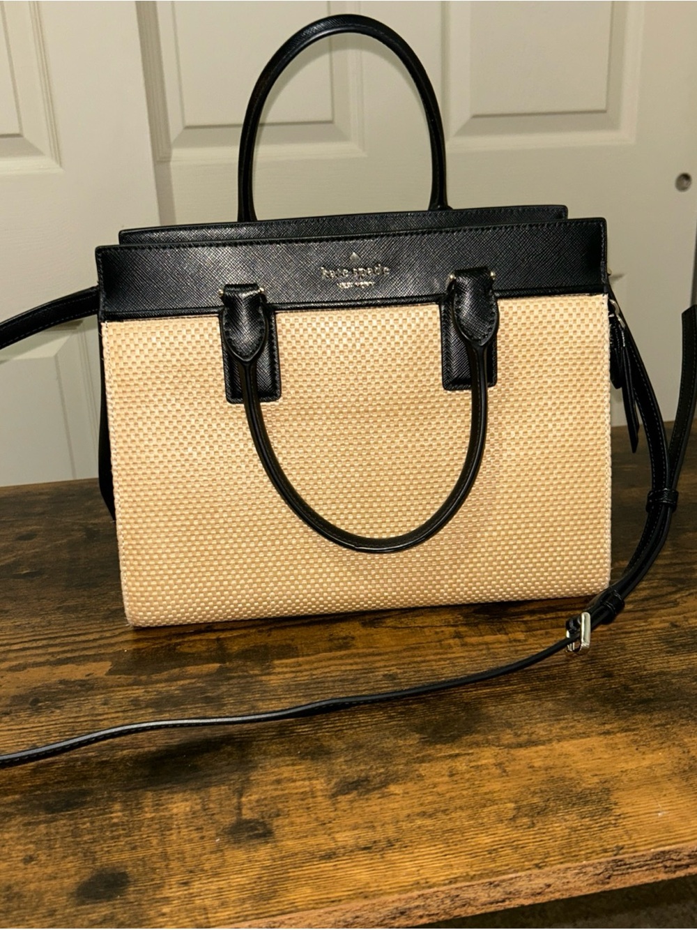 Kate Spade New York Cameron Street Candace Raffia and Black Leather Satchel - Picture 2 of 10